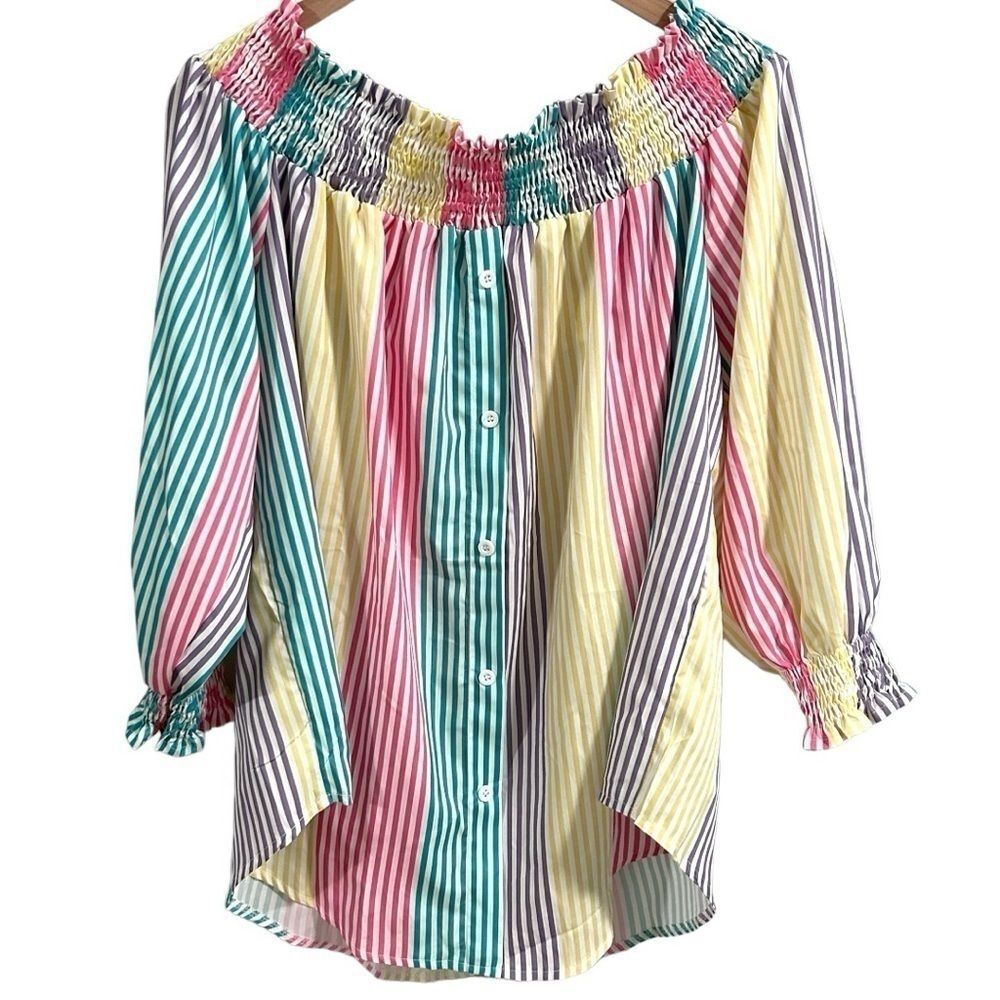 Shein Curve‎ Stripe Print Ruffle Trim Off Shoulder Lantern Sleeve Size 2XL